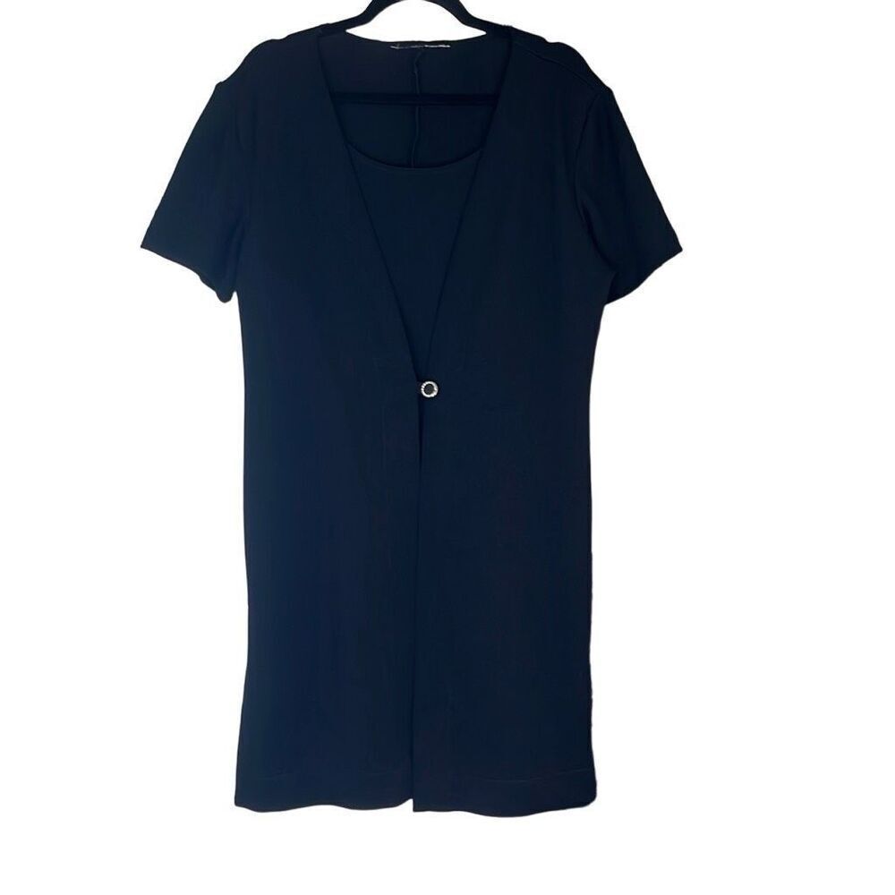 Black Textured Knit Short Sleeve One Button Front Mini‎ Dress Large LBD Workwear
